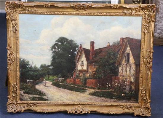 After De Breanski Maid on a lane passing a country house, a sketch verso 21.25 x 29.5in.